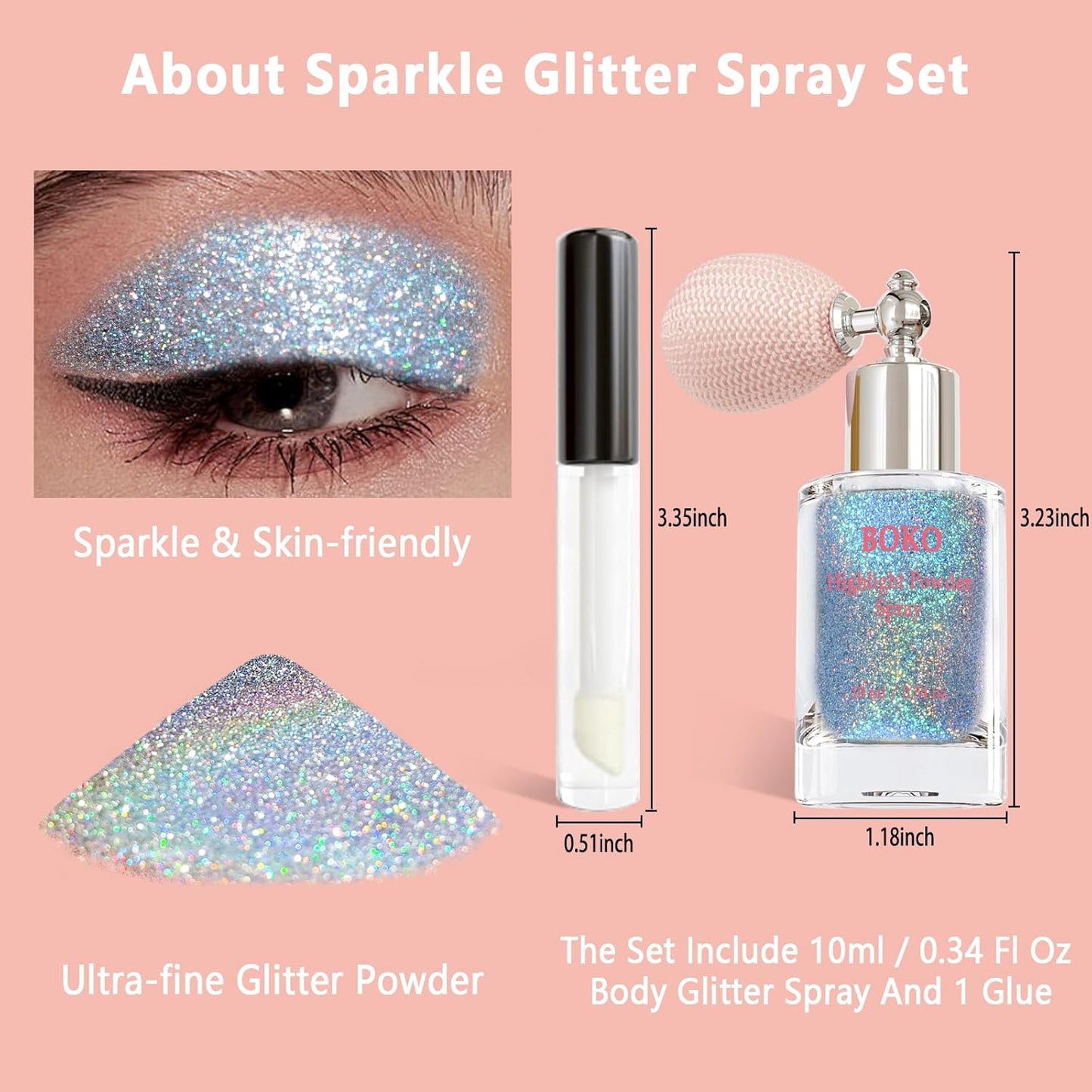 Boko Body Glitter Spray, Diamond Gold Glitter Spray for Sparkling Body Face Hair Nail Clothes, Hair Glitter Spray Body Shimmer Powder for Highlighter Makeup Festival Party Concert Rave Accessories