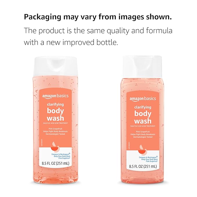 Amazon Basics Clarifying Pink Grapefruit Body Wash, 2% Salicylic Acid Acne Treatment, Dermatologist Tested, 8.5 Fl Oz (Pack of 4) (Previously Solimo)