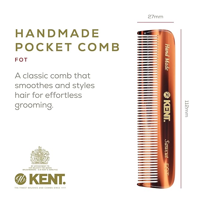 Kent FOT Handmade Fine Tooth Saw Cut Beard and Hair Comb - Pocket Travel Styling Comb for Fine or Thinning Hair, Beard Care Essential Kit