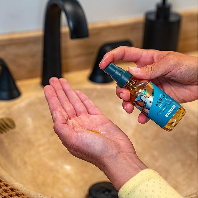 Badger Organic Argan Hair Oil, Restore a Healthy Shine to Dry Brittle Hair, Organic Moroccan Argan Oil Hair Moisturizer/Hair Serum, 2 fl oz Glass Bottle