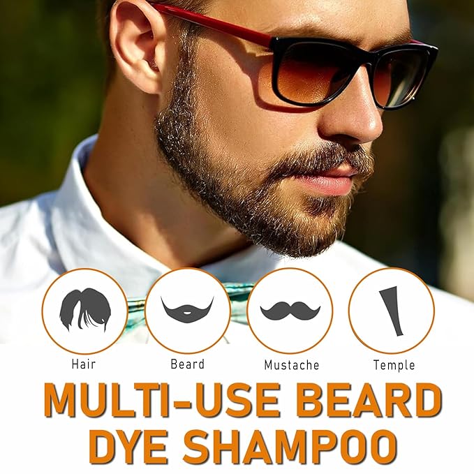 Men’s Brown Beard Dye for Men, 3 in 1 Dark Brown Hair Dye Shampoo for Grey Facial Hair Coverage, 10 Mins Instant Color for Beard, Mustache & Hair, Long-Lasting Beard Color With Natural Extract, 200ML