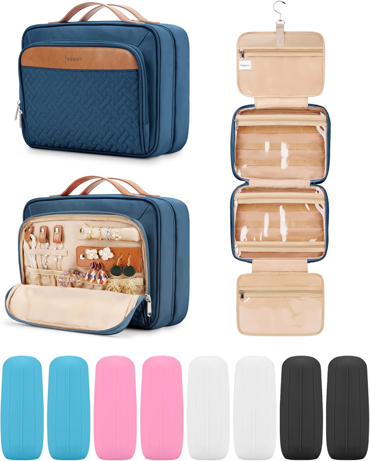 Travel Hanging Toiletry Bag for Women and Men, with 8 Leak Proofing Silicone Bottle Covers, Waterproof Makeup Accessories, Cosmetic Essentials, Toiletries Dopp Kit Set with Jewelry Organizer, Navy