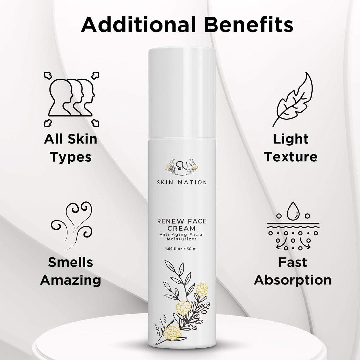 Skin Nation Renew Face Cream, Hydrating Moisturizer with Peptides, Hyaluronic Acid & Green Tea, Lightweight Plant-Based Cream for Smooth, Radiant Skin, 1.7 oz