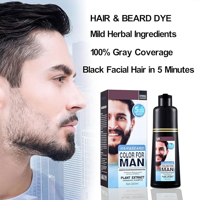 Men's Mustache & Beard Dye for Gray Hair Coverage - Natural Black Color in 5 Minutes, Easy Application Shampoo for Facial Hair 200ml