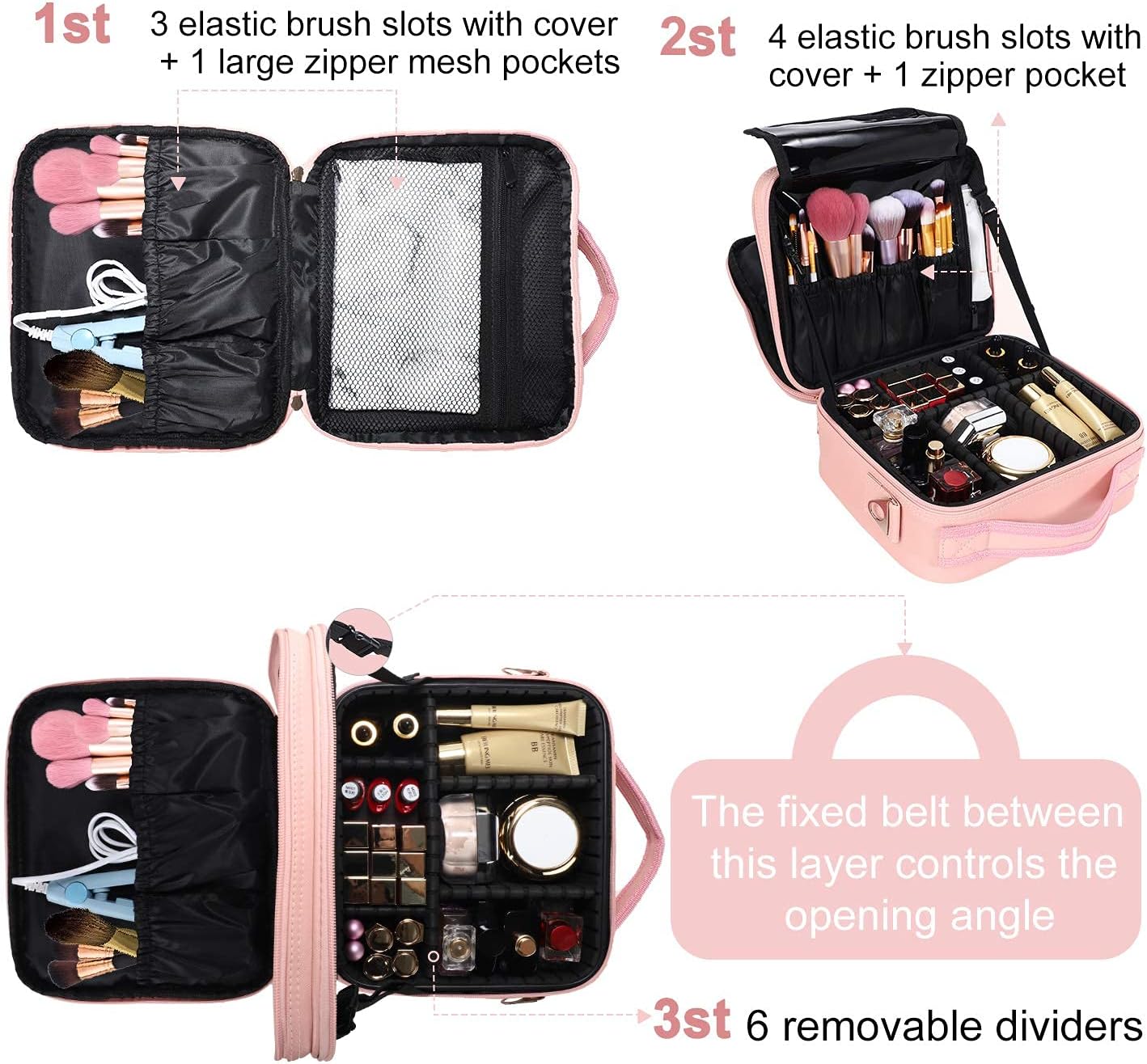 JOURMON Travel Makeup Bag Portable Cosmetic Train Case Organizer Artist Storage Bag with Adjustable Dividers for Cosmetics Makeup Brushes Toiletry Jewelry Digital Accessories(Cute Pink,S)
