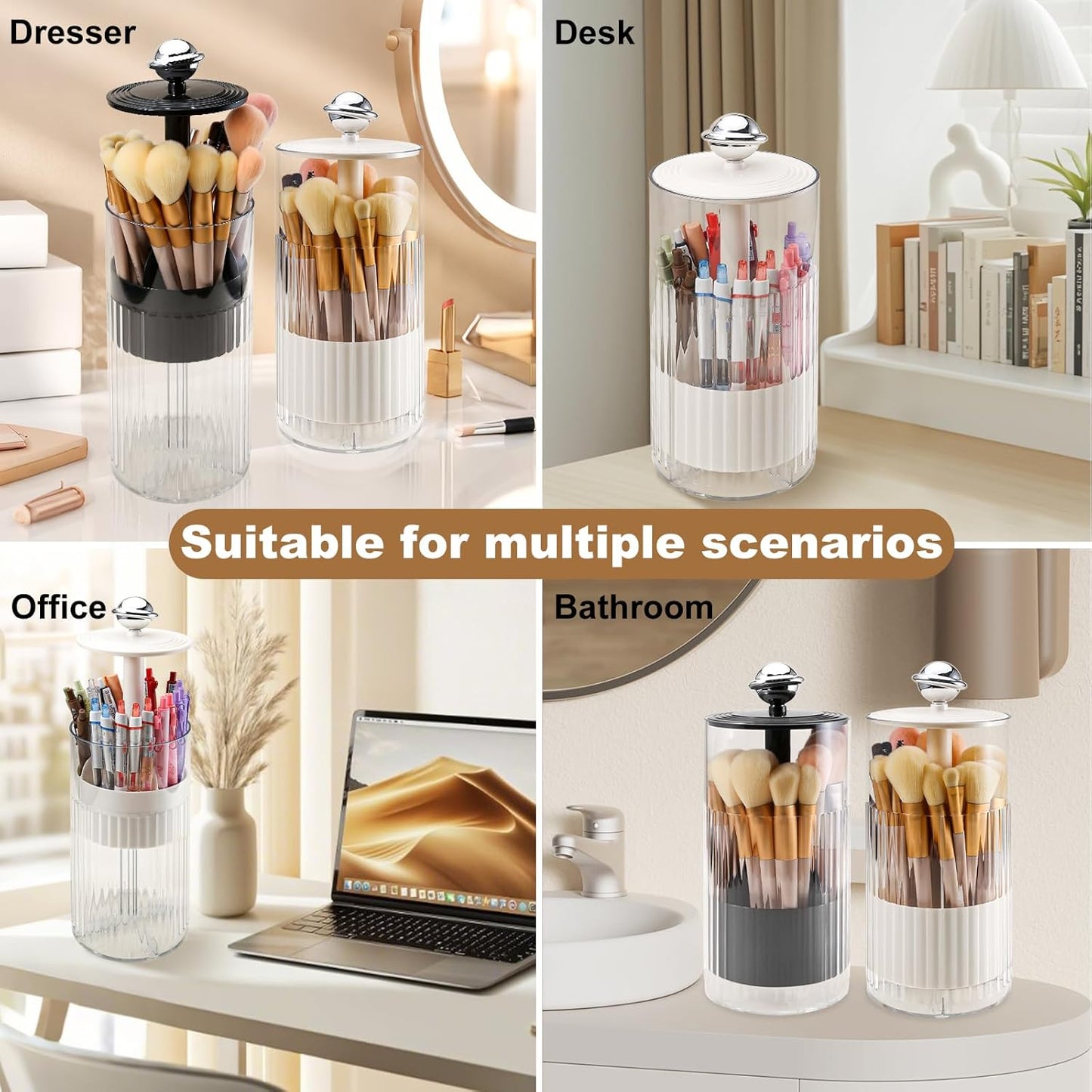 DASITON Makeup Brush Holder with Lid, Automatic Lifting Makeup Organizer for Vanity, 4 Slots Clear Makeup Brush Organizer, Dustproof Cosmetic Brushes Storage for Bathroom, Desktop, Office (Cream)