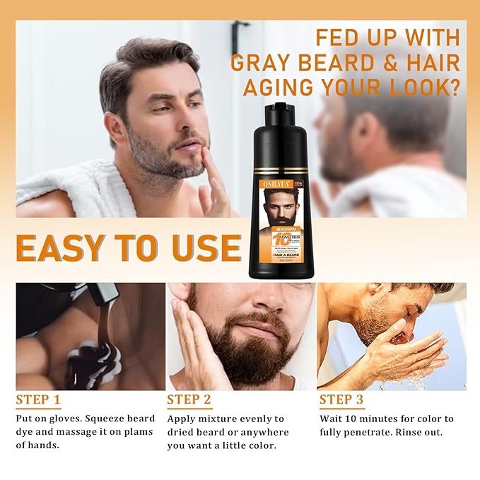 Men’s Brown Beard Dye for Men, 3 in 1 Dark Brown Hair Dye Shampoo for Grey Facial Hair Coverage, 10 Mins Instant Color for Beard, Mustache & Hair, Long-Lasting Beard Color With Natural Extract, 200ML