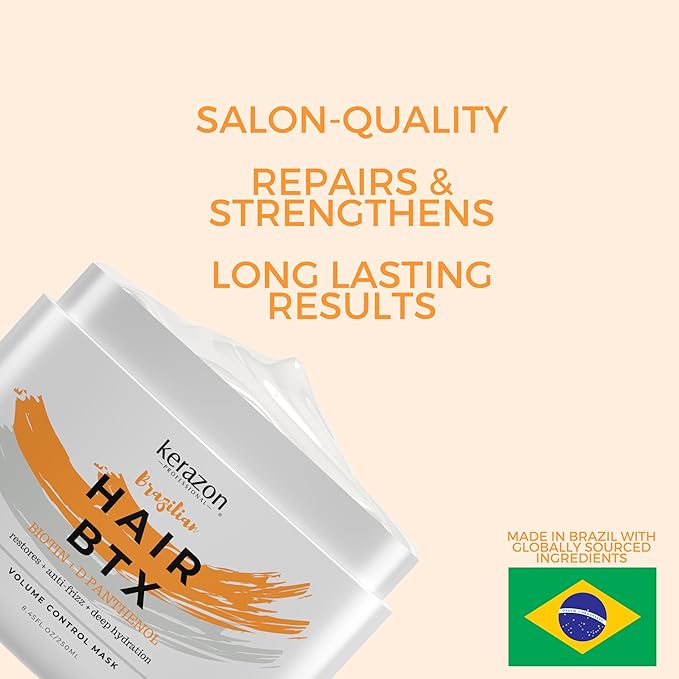 KERAZON Brazilian Hair BTX Treatment Mask 8oz 236ml provides repair for damaged, dry, smoothing, deep conditioning and hydration, nutrition, shine, softness, volume control and smoothness.