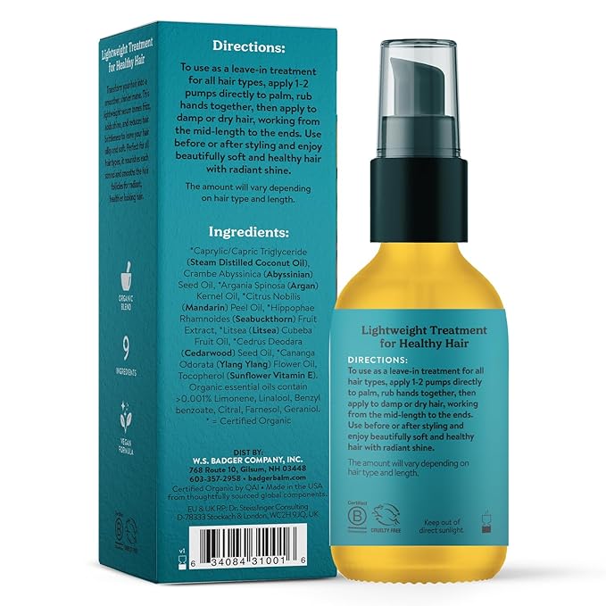 Badger Organic Argan Hair Oil, Restore a Healthy Shine to Dry Brittle Hair, Organic Moroccan Argan Oil Hair Moisturizer/Hair Serum, 2 fl oz Glass Bottle