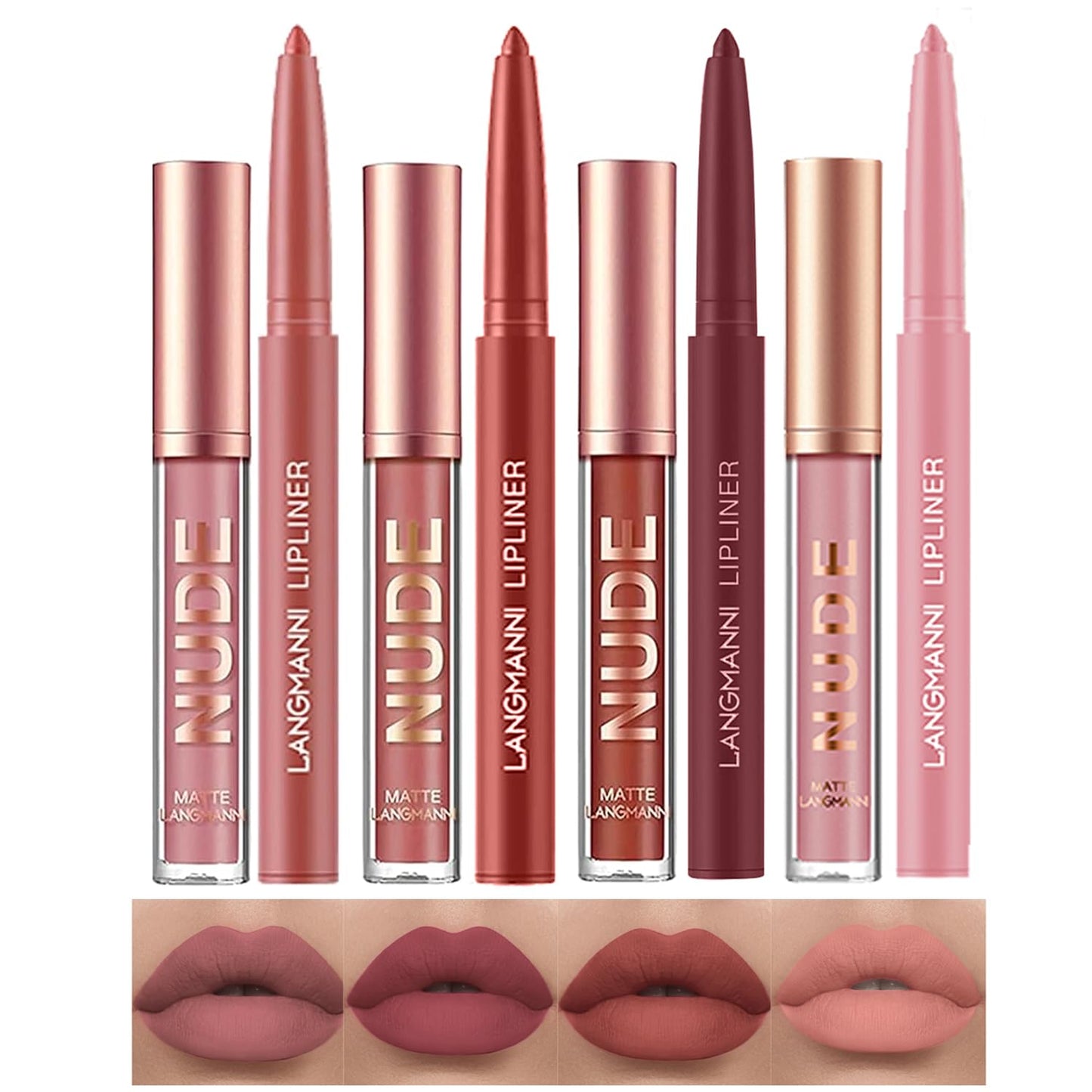 LANGMANNI 4pcs Matte Lipstick with Lipliners Durable Makeup Set,Long-Lasting Non-Stick Cup Not Fade Waterproof Pigmented Velvet Lipgloss Kit Beauty Cosmetics Makeup Gift for Girls(#1+3+5+7)