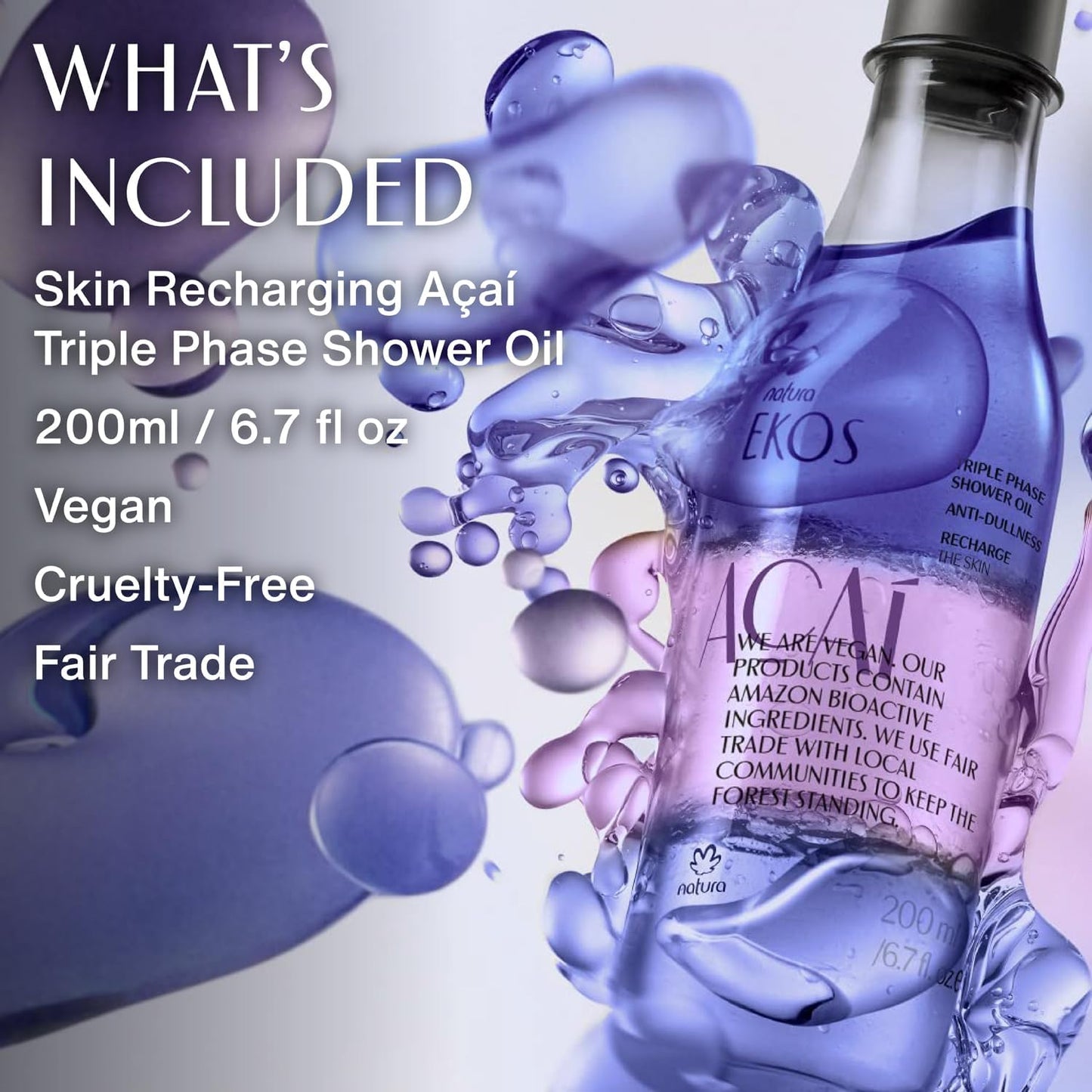 natura - Ekos Açaí Triple Phase Shower Oil - Revitalizing In-Shower or Bath Body Oil - Anti-Dullness - Scented - Bath Oil - Skin Moisturizer - Vegan Skin Care - Brazilian Beauty - 6.7 fl oz (200ml)