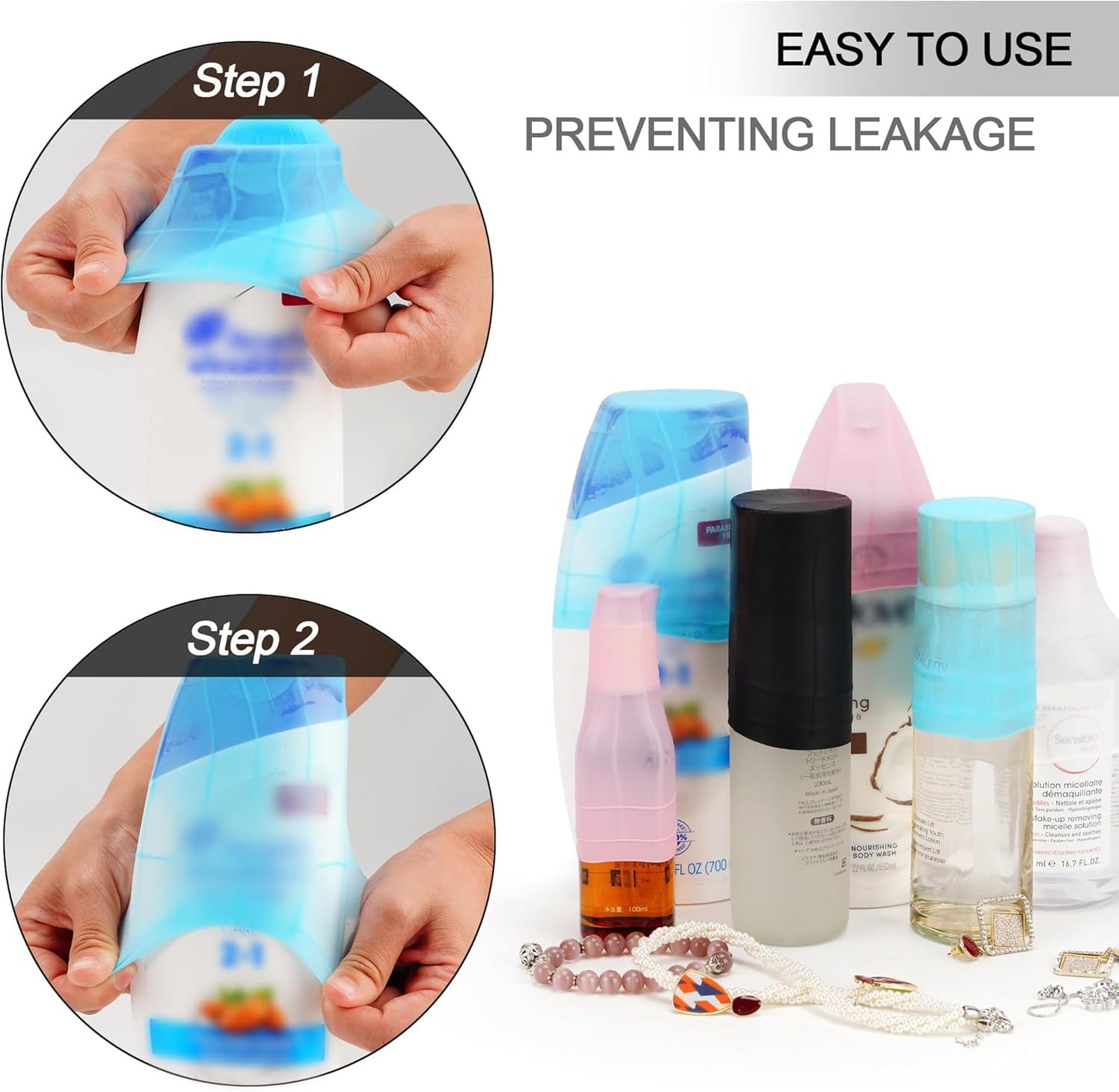 Travel Hanging Toiletry Bag for Women and Men, with 8 Leak Proofing Silicone Bottle Covers, Waterproof Makeup Accessories, Cosmetic Essentials, Cruise Ship Toiletries Bag with Jewelry Organizer, Black