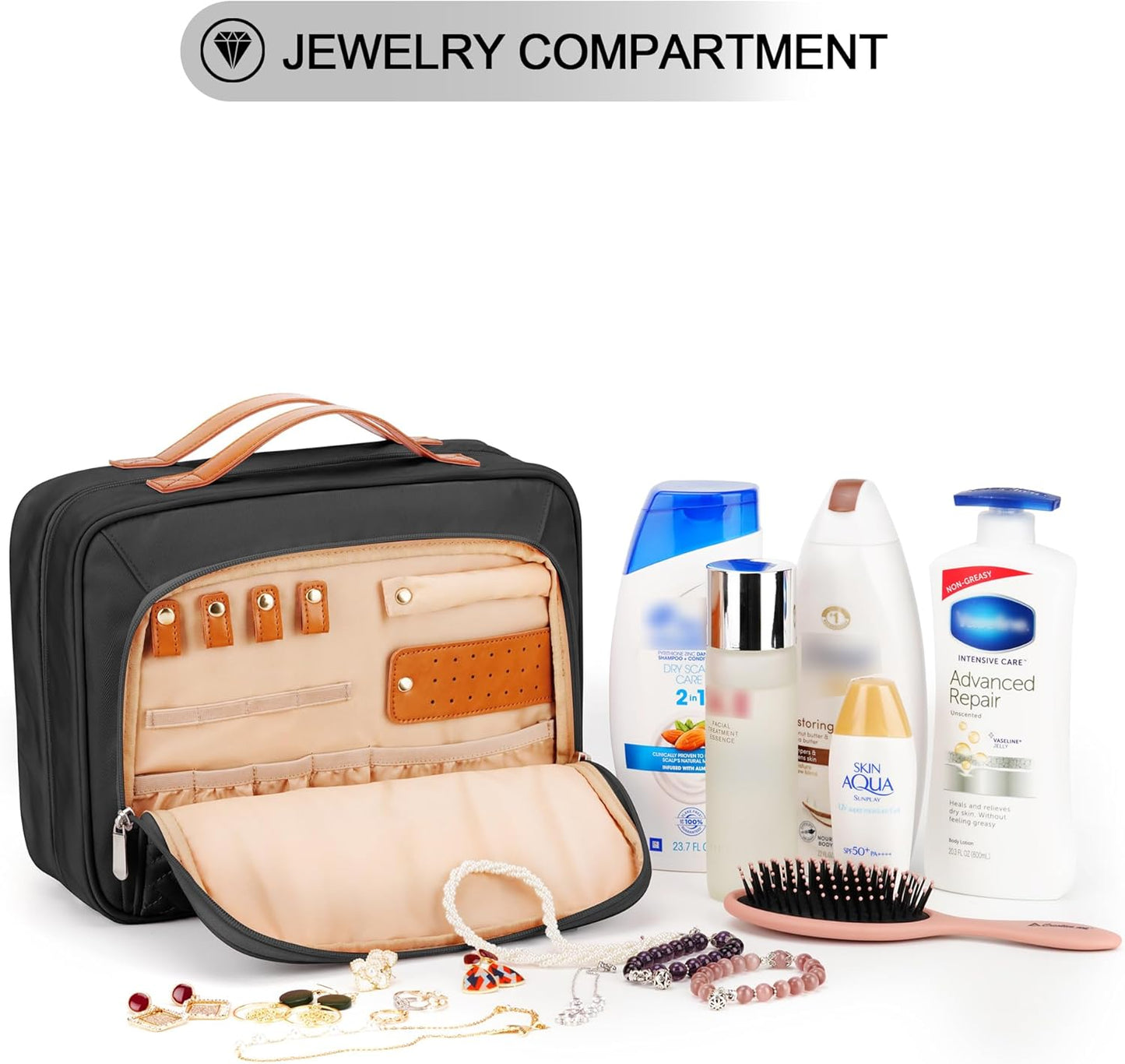 Travel Hanging Toiletry Bag for Women, Holds Full-Size Shampoo, with Jewelry Organizer Compartment, Extra Large Makeup Bag, Waterproof Cosmetic Bag, Toiletries Kit Set with Trolley Belt, Black