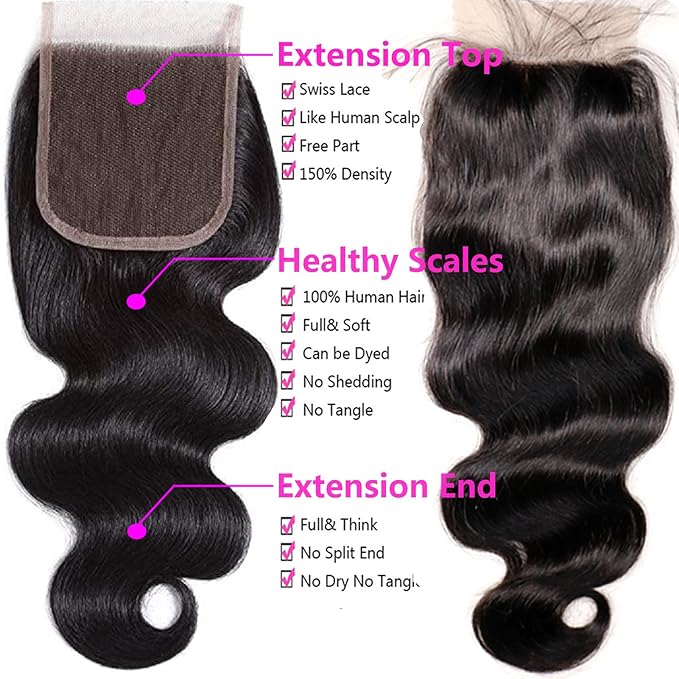 Body Wave Bundles with Closure Human Hair 18 20 22+18 Inch, 100% Unprocessed 12A Brazilian Virgin Human Hair Bundles with 4x4 Transparent Lace Closure Free Part Pre-plucked