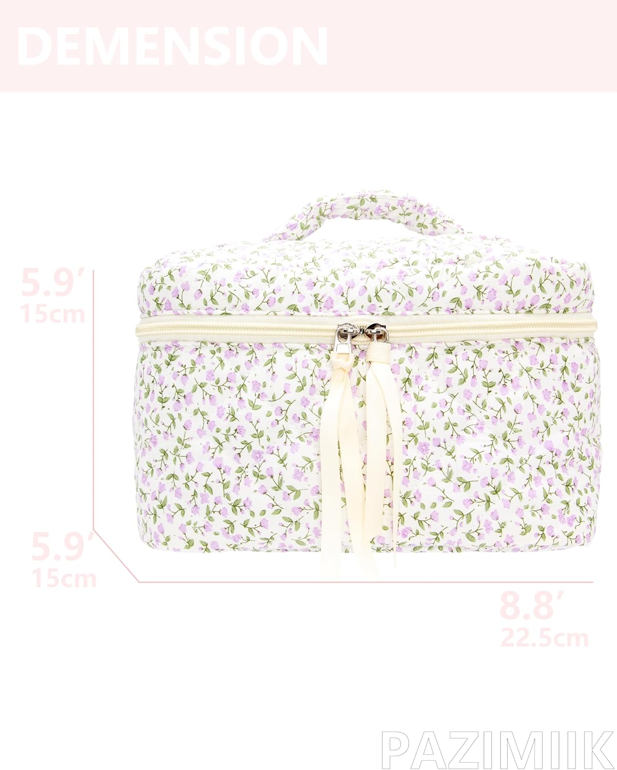 PAZIMIIK Quilted Makeup Bag Large Travel Zipper Soft Cosmetic Case for Women Girls Make Up,Floral Purple