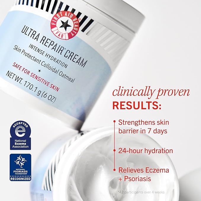 First Aid Beauty - Ultra Repair Cream - Hydrating Face & Body Moisturizer - Whipped Colloidal Oatmeal Clinically Proven to Strengthen Skin Barrier in 7 Days - Helps Relieve Eczema, 6oz Plus 1oz Tube