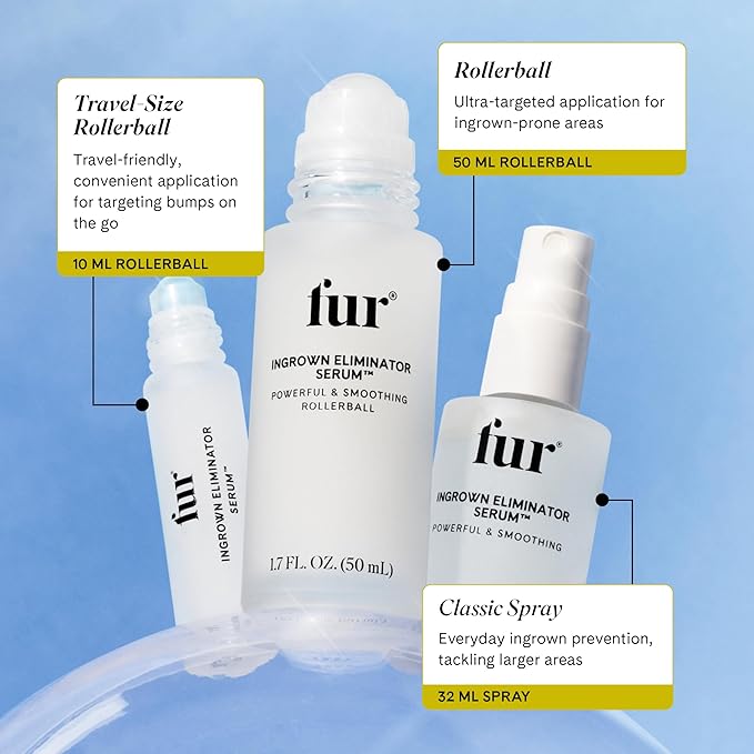 Fur Ingrown Eliminator Serum Rollerball Travel Size - Powerful Ingrown Hair Treatment Serum With AHAs and BHAs to Treat and Prevent Ingrown Hairs and Bumps, Hydrates and Soothes Irritated Skin - 10 ml