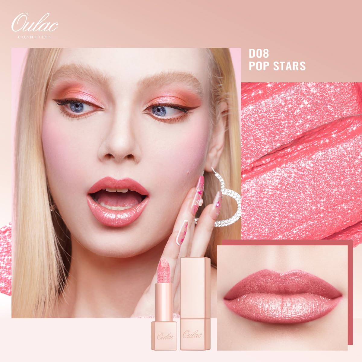 Oulac Infinity Moisture Shine Lipstick - High Shine Shimmery Finish, Super Creamy Texture, Medium to High Coverage - Gluten Free, D08 Pop Stars