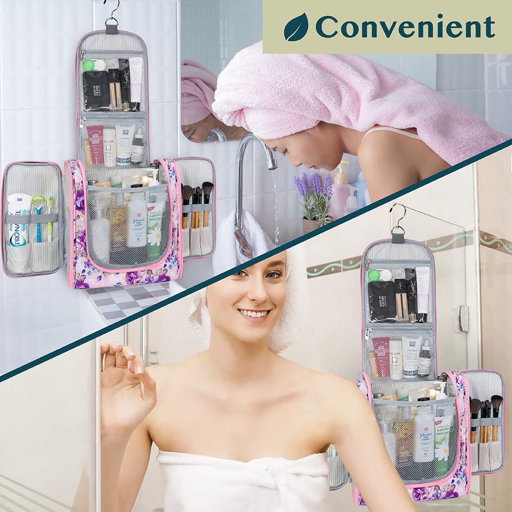 PAVILIA Extra Large Toiletry Bag Travel Bag for Women Men, Hanging Cosmetic Organizer, Water Resistant Makeup Bag for Accessories Toiletries, Travel Essentials Kit (Floral Pink)