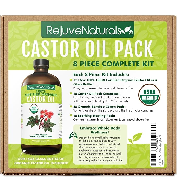 Castor Oil Pack - 8 Piece Complete Kit. Includes 16oz Glass Bottle of Organic Castor Oil, Easy to use Organic Cotton Compress with Adjustable Fit, 5 Soft Cotton Pads & Soothing Heat Pack..