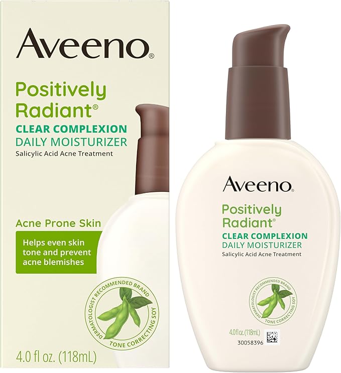 Aveeno Positively Radiant Clear Complexion Face Moisturizer, Acne Facial Moisturizer with Soy and Salicylic Acid for Oily Skin, Hypoallergenic Formula, Paraben-Free, Non-Comedogenic, Pump, 4 FL OZ