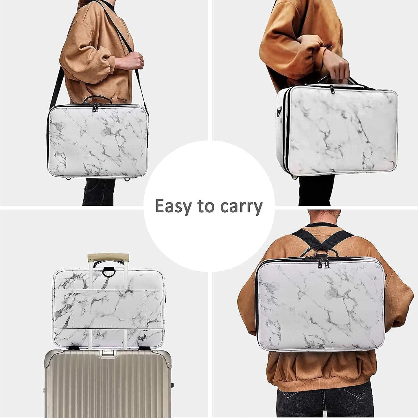 JOURMON Travel Makeup Case Portable Makeup Train Case Organizer Cosmetic Bag with Adjustable Dividers and Shoulder Strap for Makeup Brushes Toiletry Travel Accessories(Marble White Black, L)
