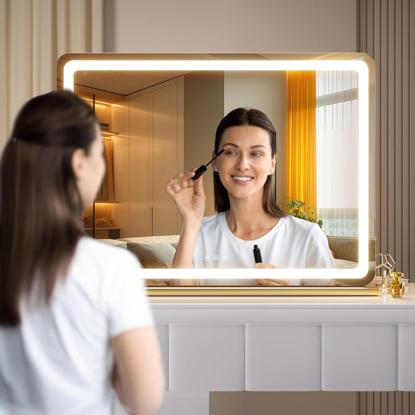 Hasipu Vanity Mirror with Lights, 27.6" x 20" LED Makeup Mirror, Lighted Makeup Mirror with Dimmable 3 Modes, Touch Screen Control Vanity Mirror Round Gold