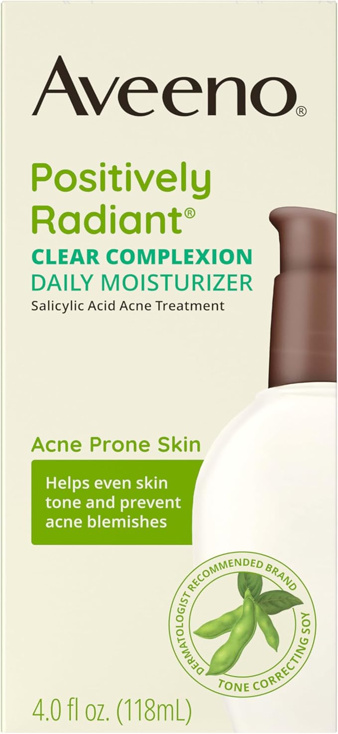 Aveeno Positively Radiant Clear Complexion Face Moisturizer, Acne Facial Moisturizer with Soy and Salicylic Acid for Oily Skin, Hypoallergenic Formula, Paraben-Free, Non-Comedogenic, Pump, 4 FL OZ