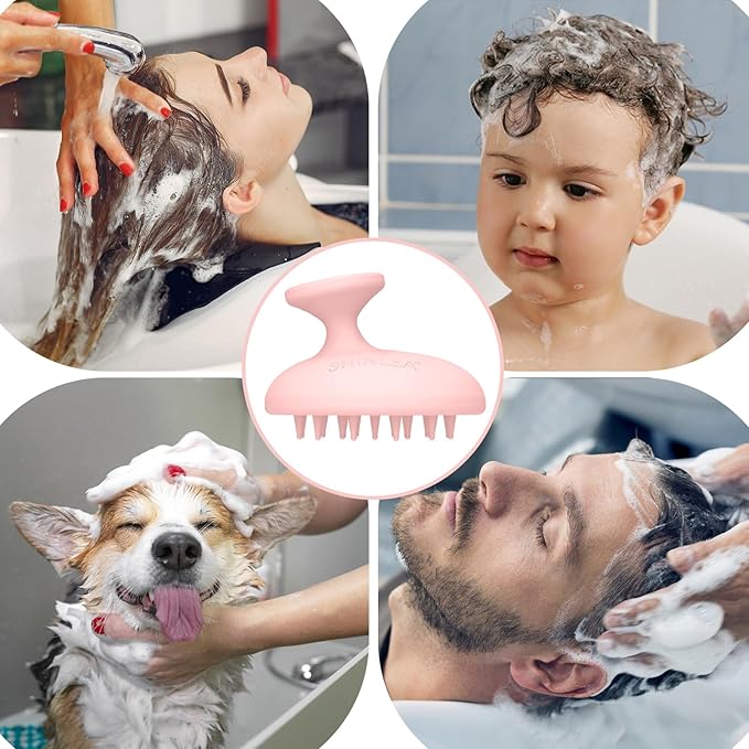Silicone Scalp Massager Shampoo Brush, Head Scrubber with Soft Bristles for Hair Growth, Scalp Exfoliator for Dandruff Removal, Wet Dry Hair Brush for Scalp Care, Pink