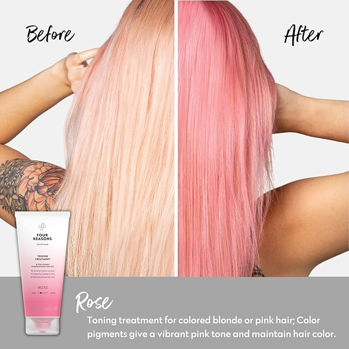 Four Reasons Color Mask - Rose Pink - (27 Colors) Toning Treatment, Color Depositing Conditioner, Tone & Enhance Color-Treated Hair - Semi Permanent Hair Dye, Vegan and Cruelty-Free, 6.76 fl oz