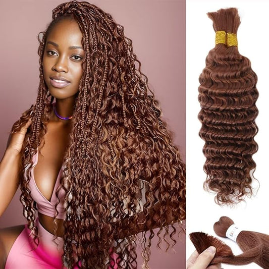 #30 Auburn Brown Human Braiding Hair for Boho Braids 2 Bundles 22 Inch 100g Deep Wave Braiding Hair for Bohemian Knotless Braids 100% Unprocessed Virgin Bulk Hair Extensions No Weft
