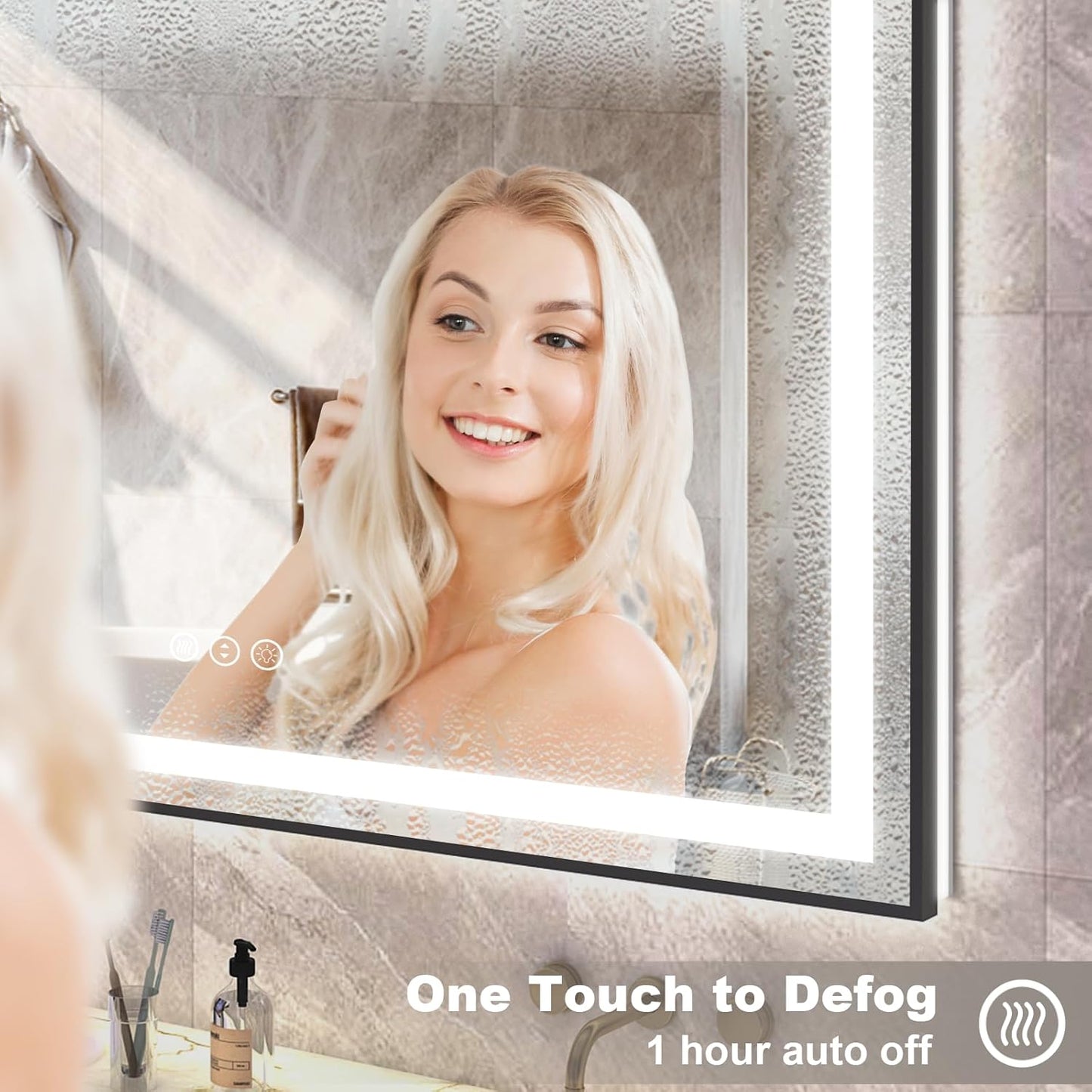 OKPAL 66x36 LED Bathroom Mirror with Lights, Frontlit & Backlit Lighted Bathroom Mirror, Black Lighted Bathroom Vanity Mirror, Anti-Fog, Dimmable 3 Colors, Shatterproof, Horizontal/Vertical