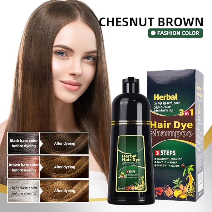 Chestnut brown Hair Dye Shampoo 3 in 1 Herbal Natural Dye Cover Gray, for Women/Men Hair Color for Grey Coverage (Chestnut brown)