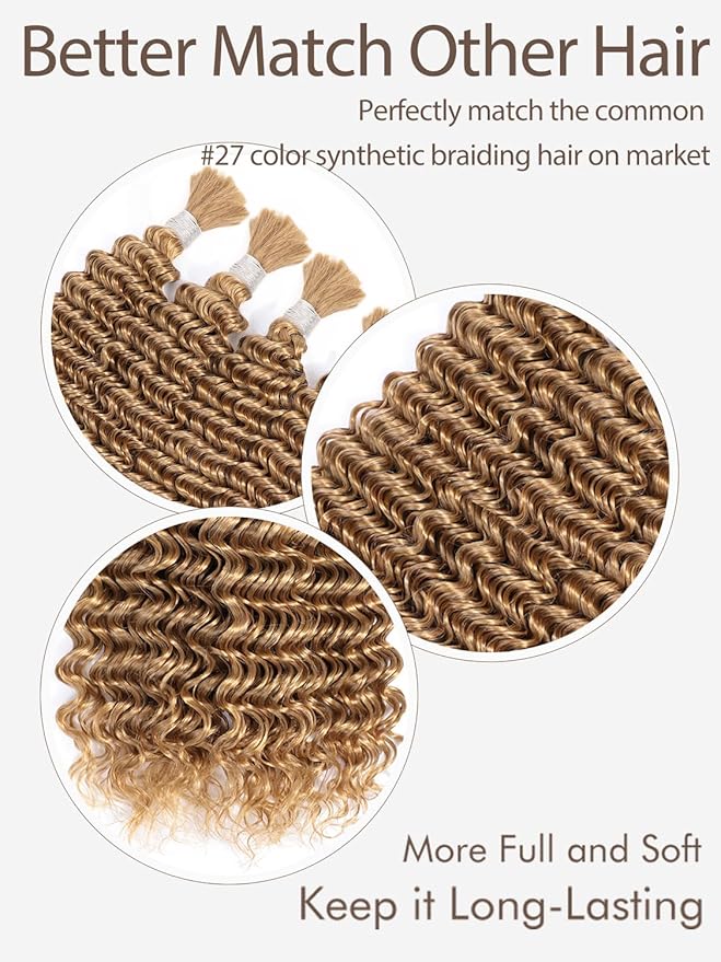 #27 Honey Blonde Human Braiding Hair for Boho Braids 2 Bundles 22 Inch 100g Deep Wave Braiding Hair for Bohemian Knotless Braids 100% Unprocessed Virgin Bulk Hair Extensions No Weft
