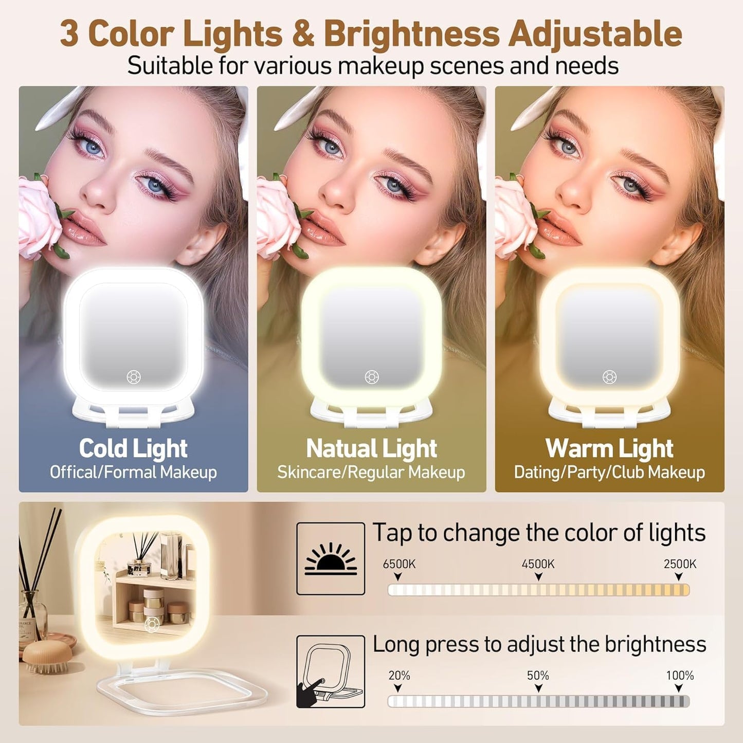 Travel Mirror with Light, 1x/30x Magnifying Mirror with 3 Color Lights and Adjustable Brightness, 4.5x3.9 inch Small Compact Hangable Hand Pocket 3 Way Mirrors, Comes with Tweezer