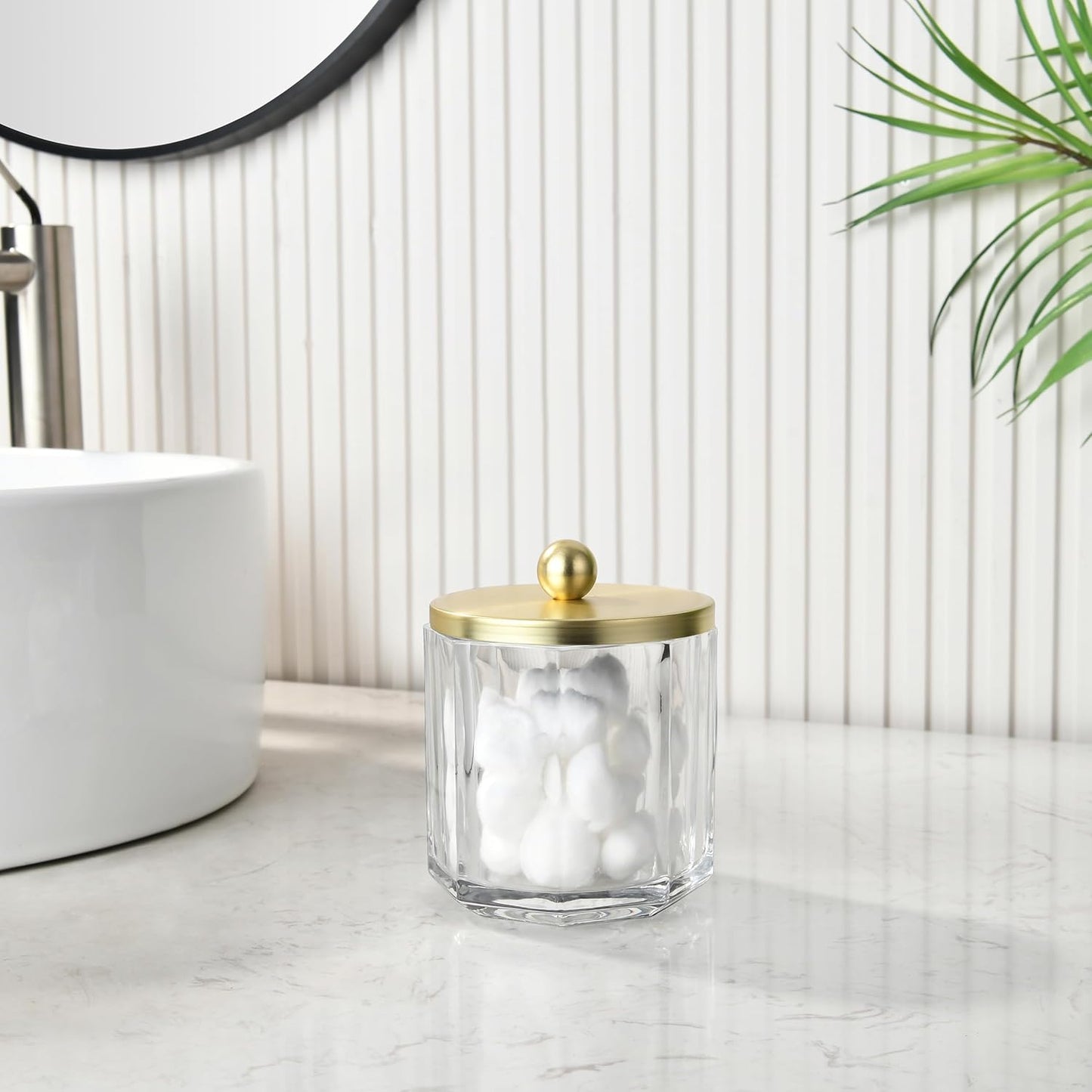 Home Glass Cotton Jar Holder Matte Gold Lid, Elegant Bathroom Storage Canister for Qtips, Cotton Balls, Floss, Makeup Organizer, Vanity Bathroom Organization