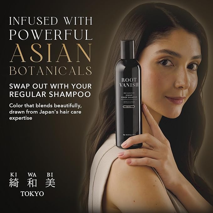 KIWABI Hair Color Shampoo for Gray Coverage – Gradual, All Natural Hair Dye Shampoo for Women & Men – Hydrating, Sulfate-Free, Ammonia-Free, Vegan Scalp Care with 31 Botanicals (Black)