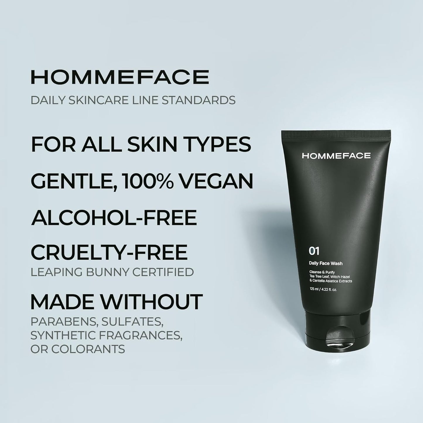 HommeFace Daily Face Wash for Men, 4.22 Fl. Oz. Gentle Facial Cleanser for Deep Cleansing & Purifying with Collagen, Witch Hazel & Cica Extracts, Vegan
