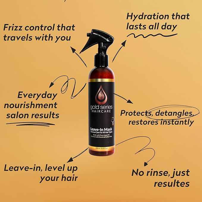 Gold Series Leave-In Hair Mask – Argan Oil Hair Mask Enriched with Keratin – Nourishing and Gently Detangling Leave In Conditioner Spray For Curly Frizzy or Damaged Hair, 8.4 Fl.oz