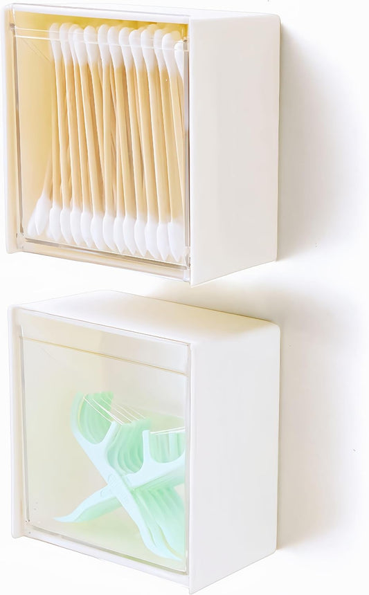 Qtip Holder Wall Mount for Cotton Swabs, Balls, Pads, Hair Ties,Floss Picks- Small Plastic Bathroom Wall Organizers and Storage Set,Bedside Shelf,Home Decor,Dorm Room Essentials (2)