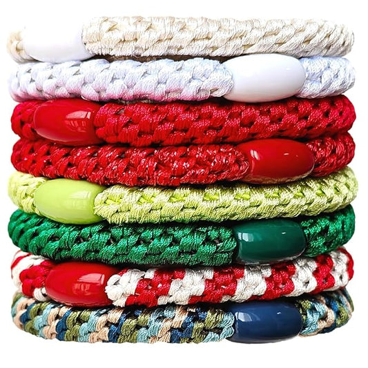 AXEN 8PCS Elastic Hair Tie for Women Girls, Cotton Bands Soft Woven Ponytail Holders for Thick Hair and Curly Hair, Christmas Green