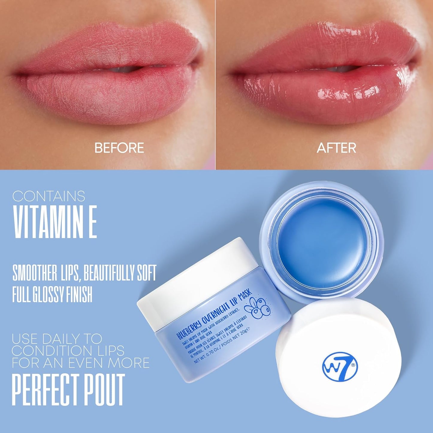 W7 Sweet Dreams Blueberry Lip Mask - Vitamin E, Aloe Vera and Grape Seed Oil - For Hydrated, Full Looking & Irresistible Lips - 0.67 Fl Oz