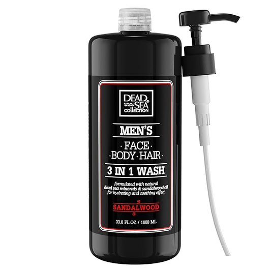 Dead Sea Collection Mens Body Wash 3 in 1 – Sandalwood Body Wash for Men – Shower Gel – Shampoo – Shower Soap for Face and Hair (33.8 Fl. Oz)
