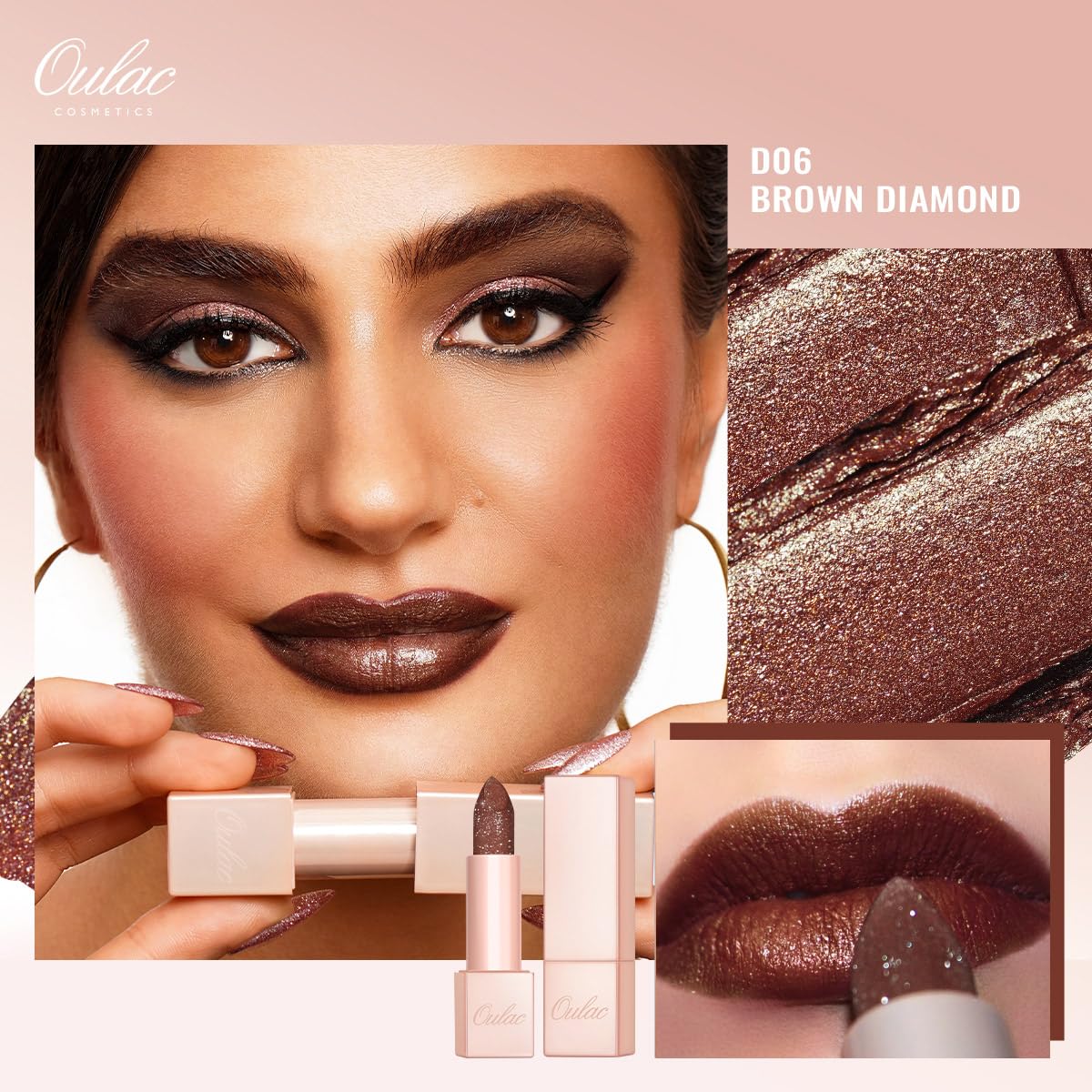 Oulac Shimmer Brown Lipstick, Infinity High Shine Finish, Hydrating Lip Color Infused with Damask Rose Oil for All-Day Comfort, Gluten-Free Vegan Beauty, D06 Brown Diamond