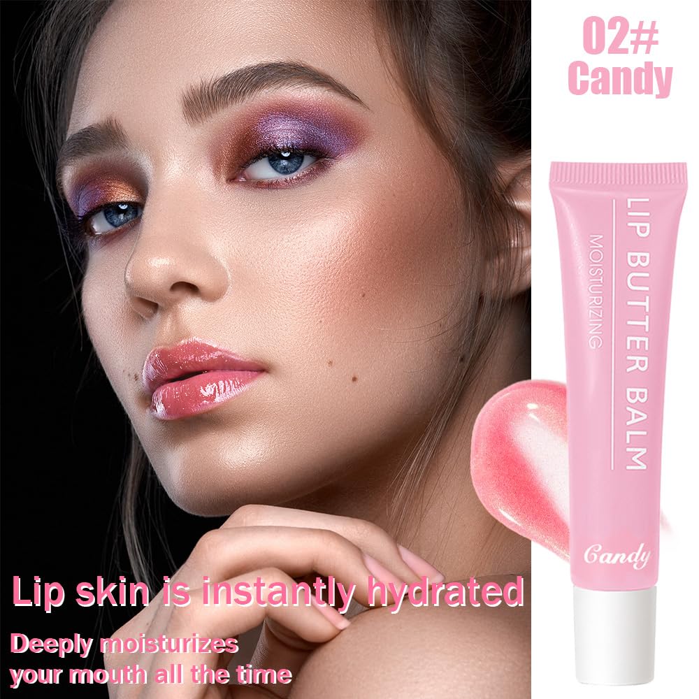 Summer Hydrating Lip Butter Balms Lip Gloss,Natural Vegan Lip Balm Tinted for Instant Moisture,Shine,Hydration Pink-Tinted,Soothes & Softens Dry Lips,Bálsamo labial hidratante 02#Candy (0.5 Fl Oz)
