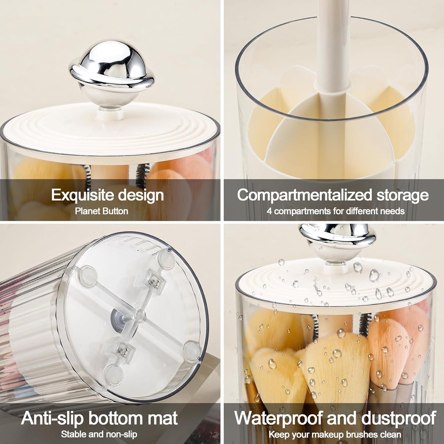 DASITON Makeup Brush Holder with Lid, Automatic Lifting Makeup Organizer for Vanity, 4 Slots Clear Makeup Brush Organizer, Dustproof Cosmetic Brushes Storage for Bathroom, Desktop, Office (Cream)