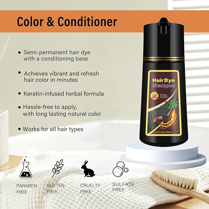 Black Hair Dye Shampoo 3 in 1, Semi-Permanent Black Hair Dye, Cover Grays in Minutes, Instant Hair Color Shampoo for Women Men, Champu Para Canas 16.90 Fl Oz