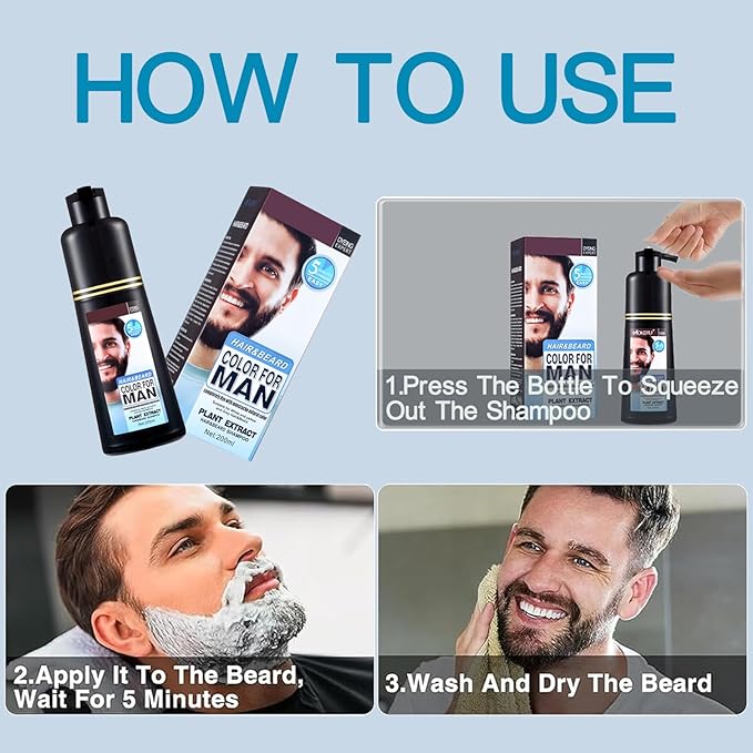 Men's Mustache & Beard Dye for Gray Hair Coverage - Natural Black Color in 5 Minutes, Easy Application Shampoo for Facial Hair 200ml