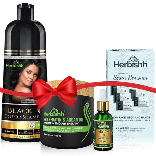 Herbishh Hair Color Shampoo for Gray Hair – Natural Hair Dye Shampoo – Lasts Up To 3-4 Weeks – 500ML – 3-In-1 Hair Color – Colors, Cleanses, and Conditions (Black GiftSet)