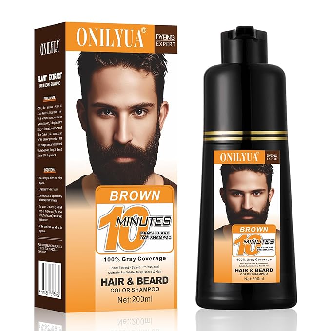Men’s Brown Beard Dye for Men, 3 in 1 Dark Brown Hair Dye Shampoo for Grey Facial Hair Coverage, 10 Mins Instant Color for Beard, Mustache & Hair, Long-Lasting Beard Color With Natural Extract, 200ML
